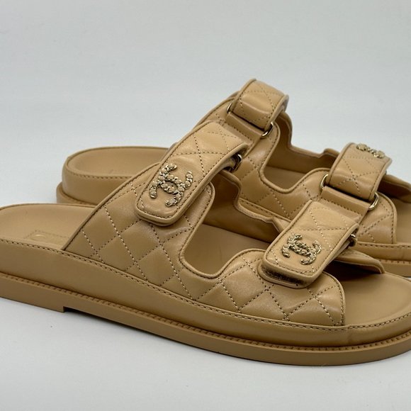 CHANEL 24P 2024 Quilted Leather CC Logo Flat Slide Dad Sandals Shoes Beige - Picture 14 of 16
